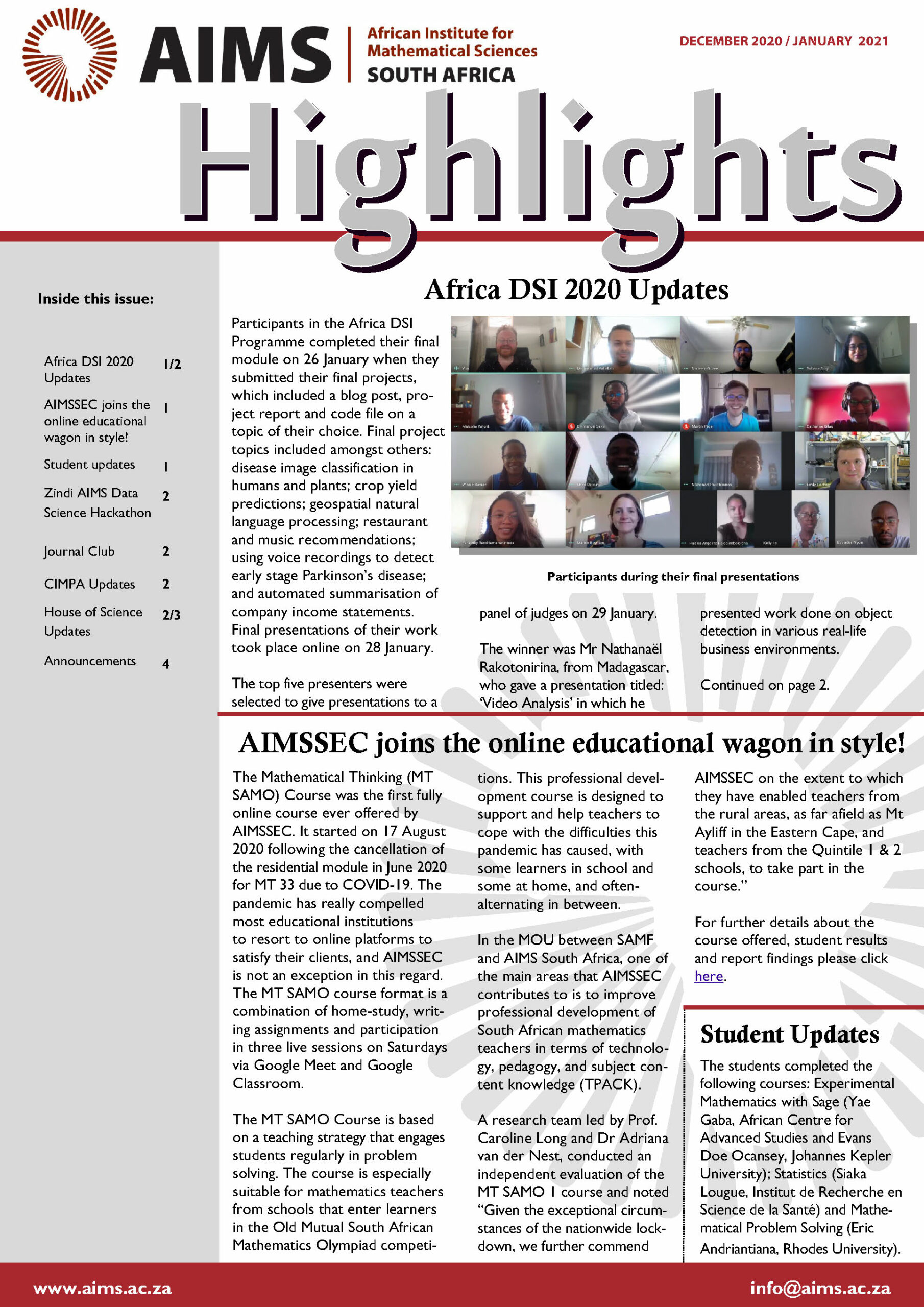 AIMS South Africa Newsletter December 2020/January 2021 – AIMS South Africa